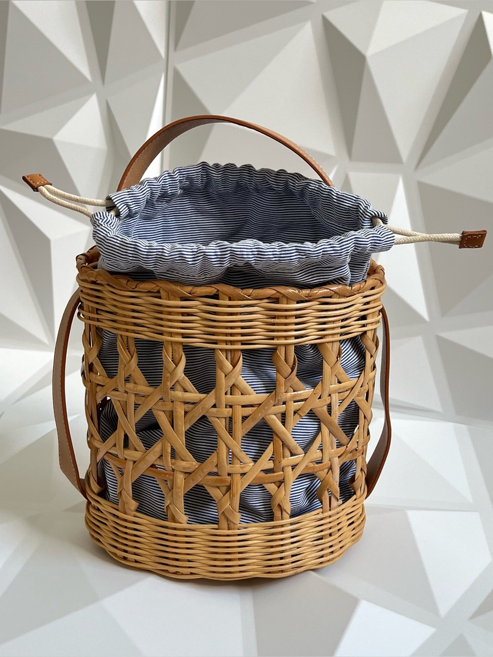 J. McLaughlin Wicker Handbag Natural Woven Rattan Bucket Bag Drawstring Closure